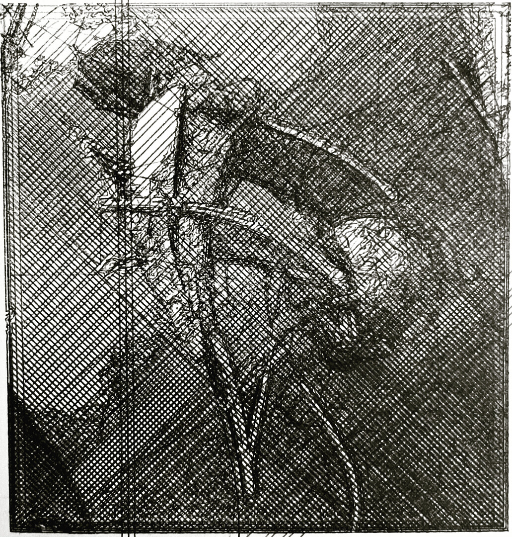 Black ballpoint pen remake of Lebbeus Woods’ Photon Kite, drawn on A5 printer paper.