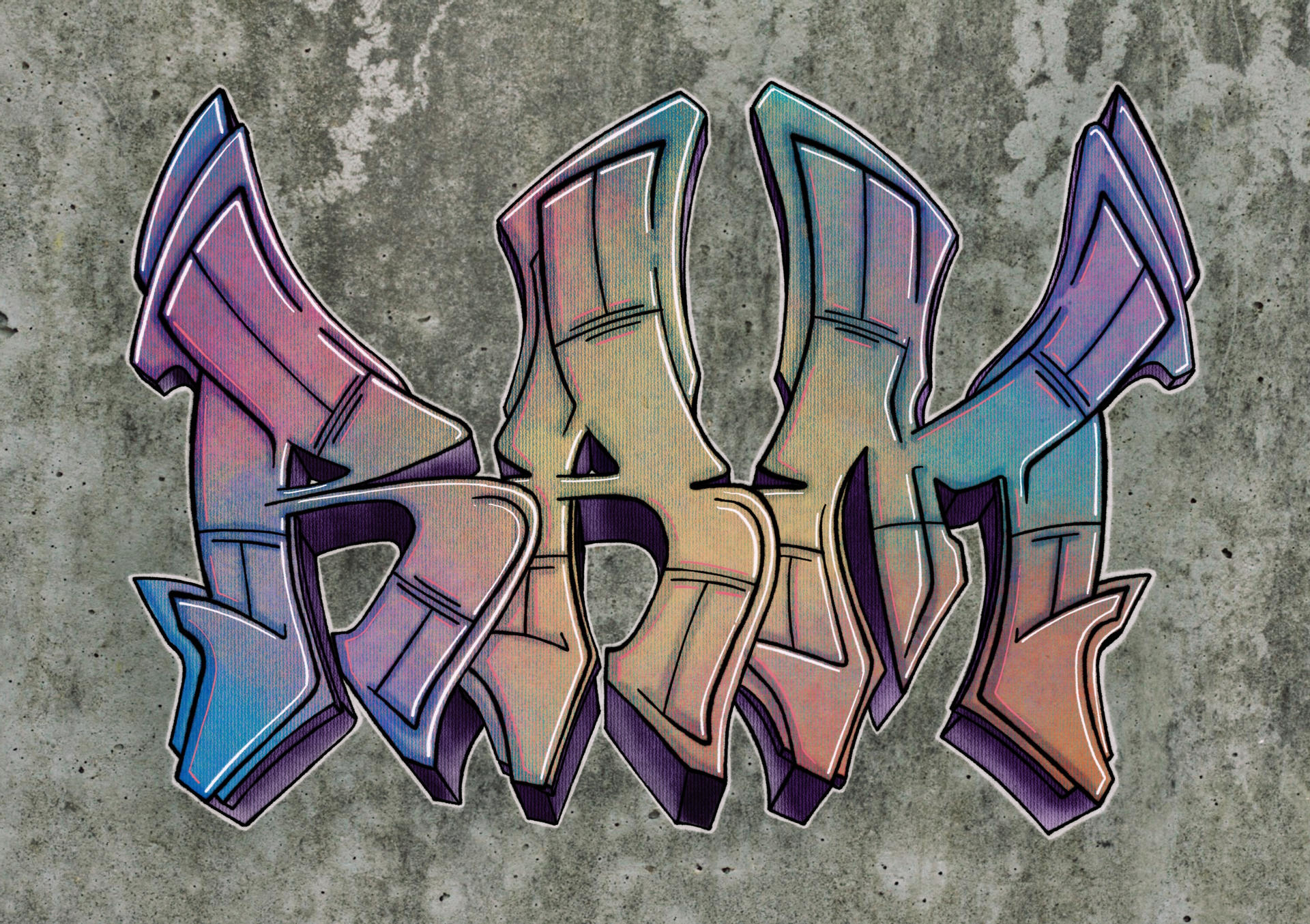 Digital graffiti of the name ‘RAM,’ created in Procreate as a mockup for a commissioned piece.