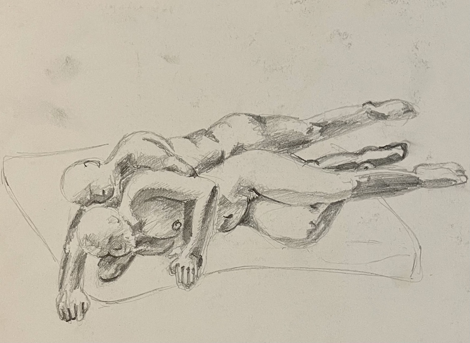 Pencil sketch of a couple lying in bed, spooning while asleep, with shadows highlighting their restful posture.