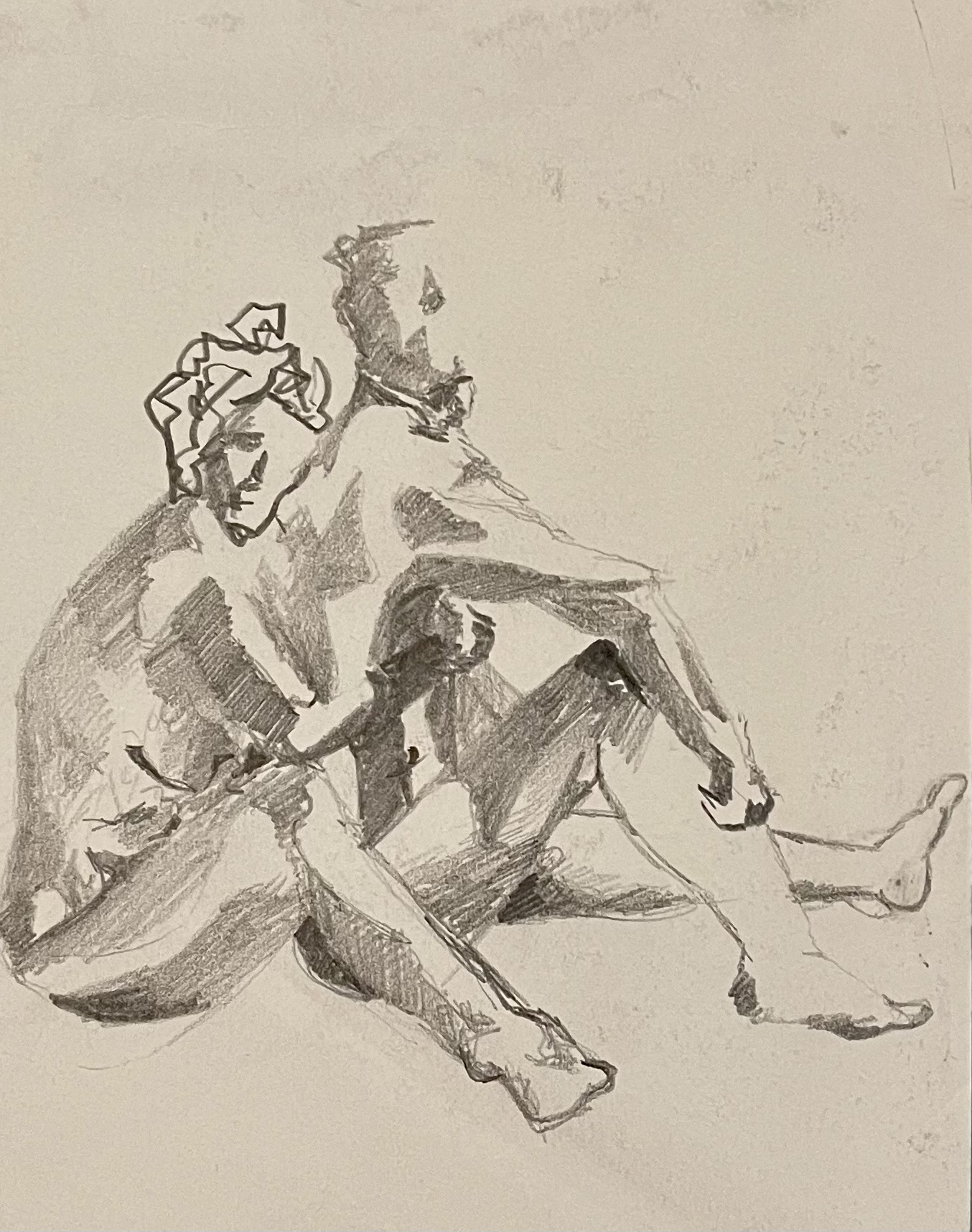 Pencil sketch of a couple embracing from a side view, with shadows highlighting their intimate posture.