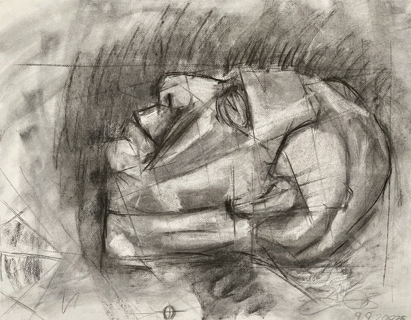 Charcoal drawing of a stone head sculpture, side view, showcasing light and shadow on A1 Canson paper.
