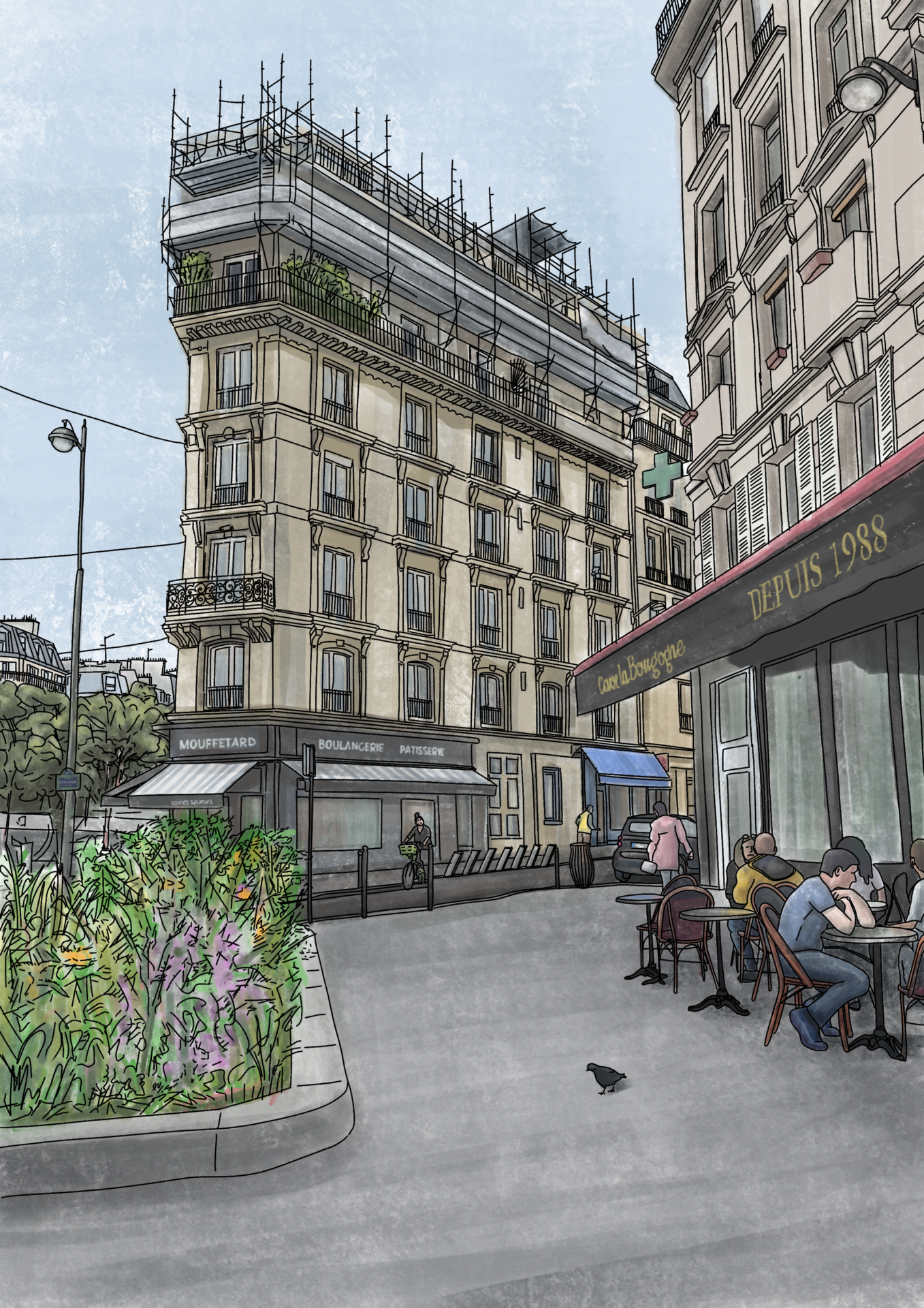 Digital painting of Square Saint-Médard and Rue Mouffetard in Paris with people at a café on a calm Saturday morning.