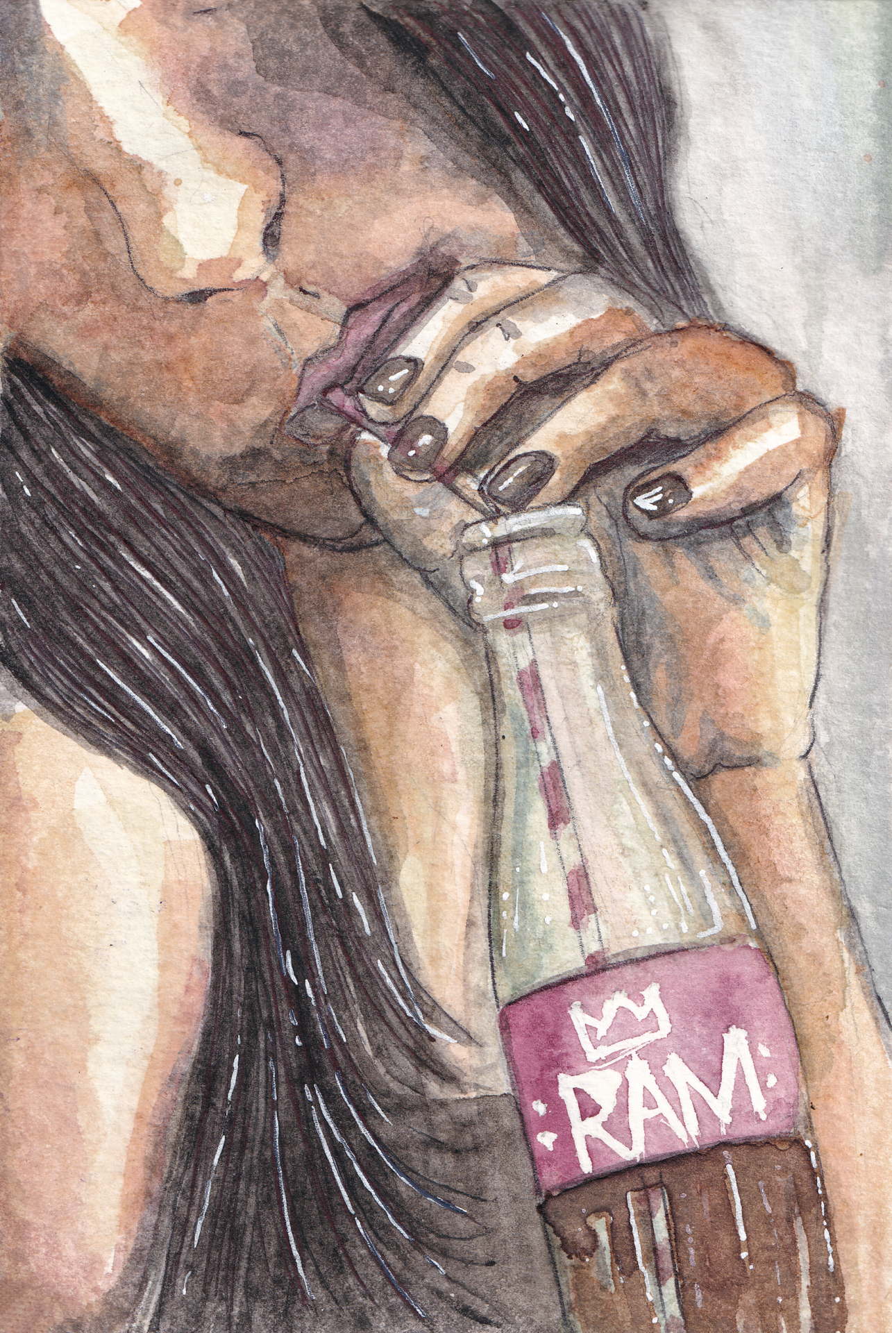 Close-up pinup watercolor of a girl drinking RAM-Cola, remaking a classic Coca-Cola ad.