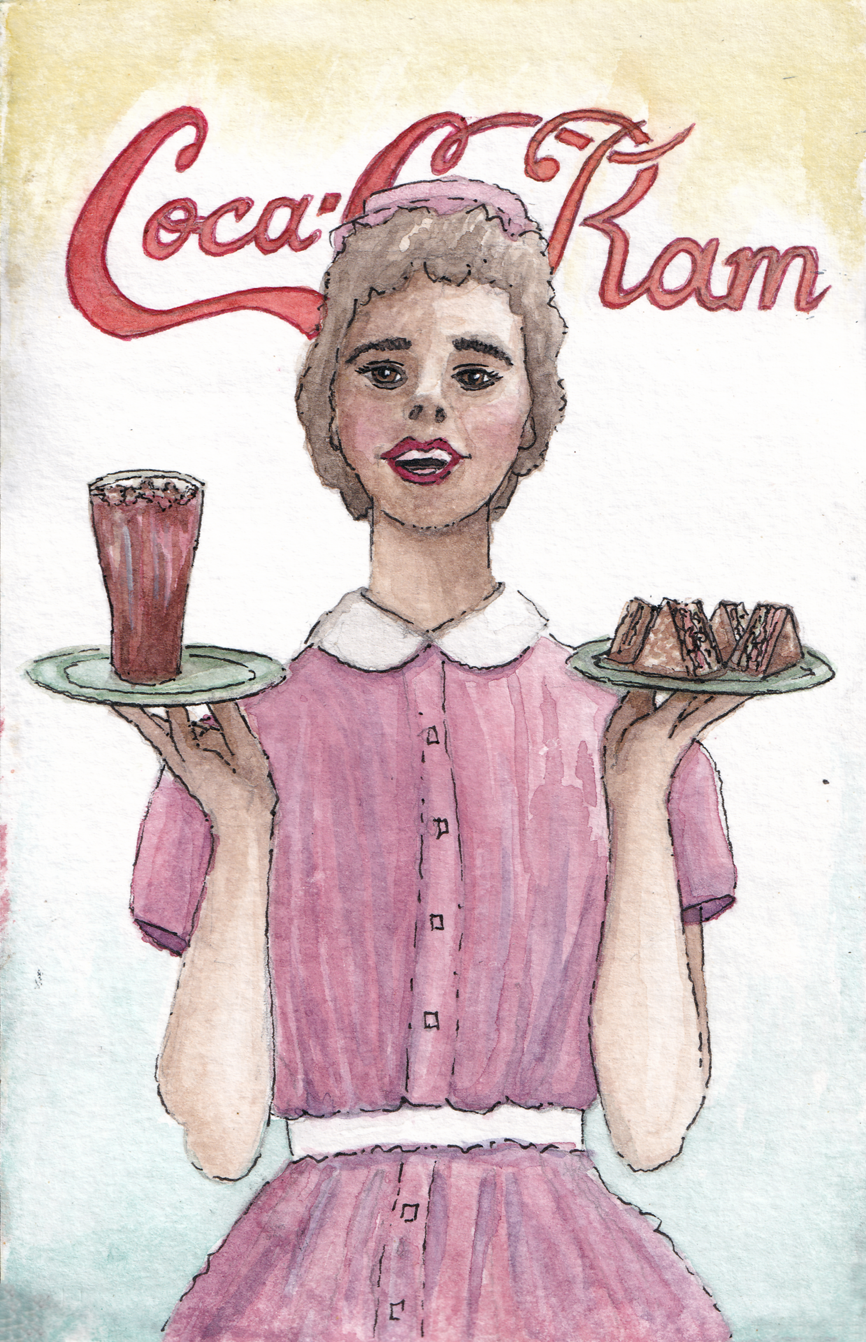 Pinup watercolor for Coca-CoRAM, a remake of a classic Coca-Cola poster ad.