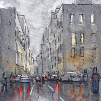 Watercolor painting of a rainy street view in Paris during late afternoon, with glowing building and car lights reflecting on the wet street and pedestrians going about their business.