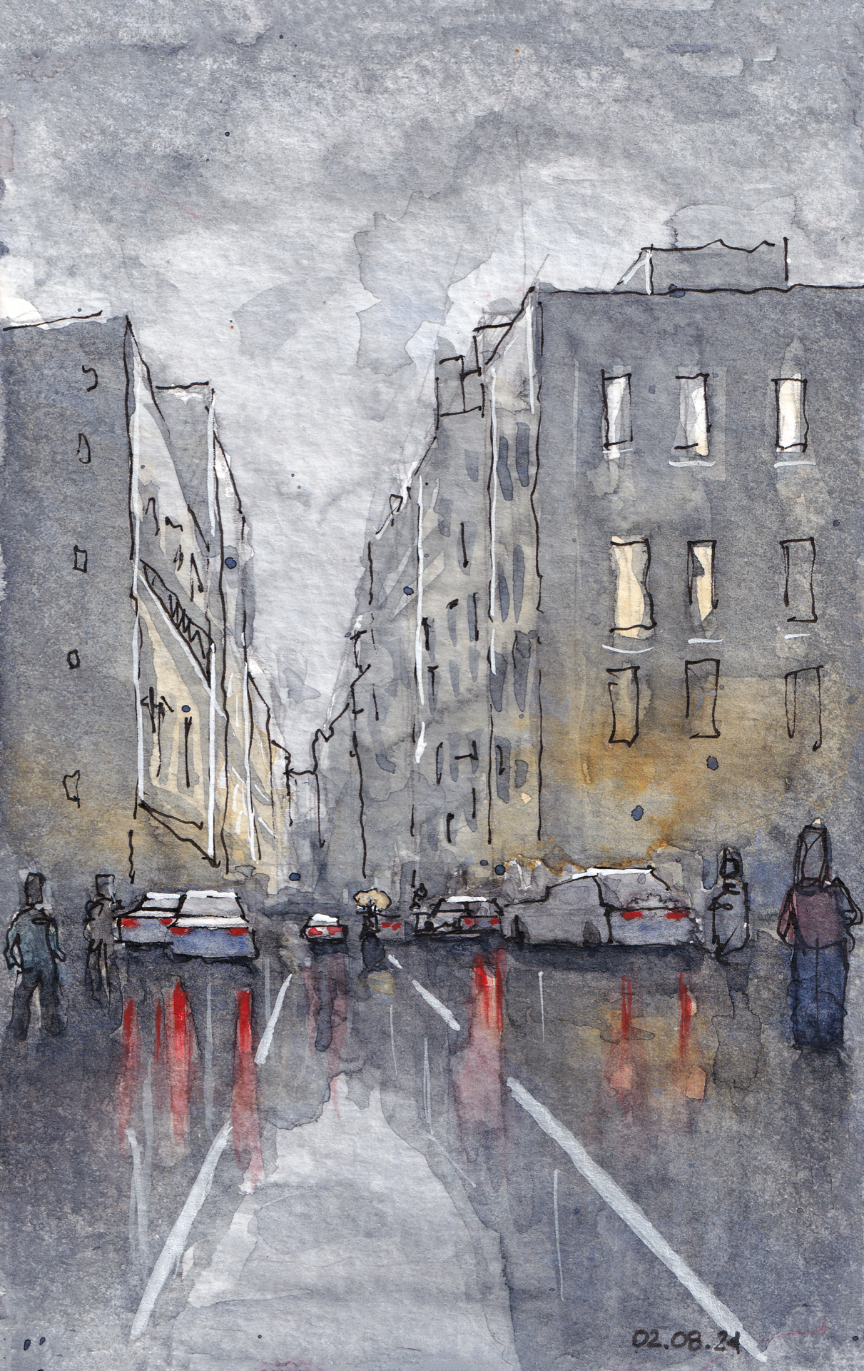 Watercolor painting of a rainy street view in Paris during late afternoon, with glowing building and car lights reflecting on the wet street and pedestrians going about their business.