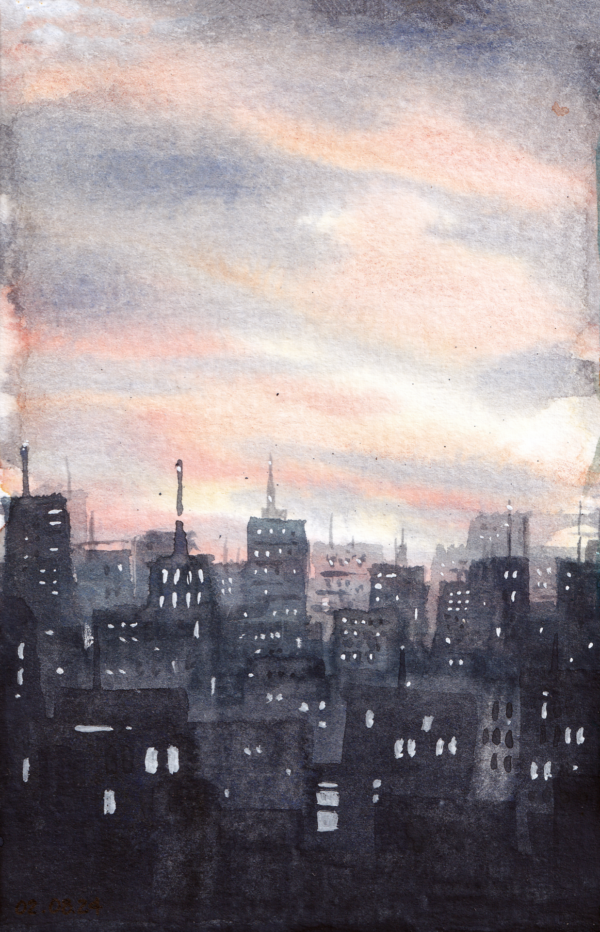 Watercolor painting of a sunset over New Belgrade, featuring a cloudy sky with pink and yellow hues reflecting on the clouds while the city remains dark after a storm.