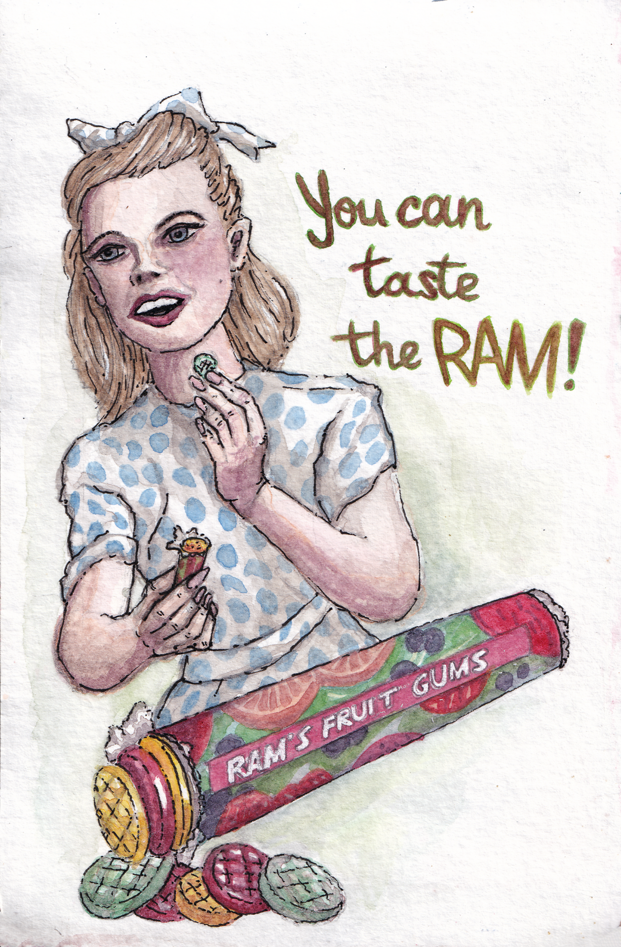 Pinup watercolor for RAM's Fruit Gums, a remake of a classic poster for Rowntree's Fruit Gums.