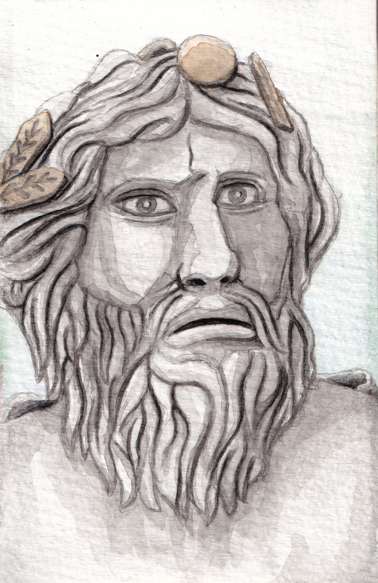 Watercolor portrait of a statue of Zeus in white marble with golden details, expressing despair.