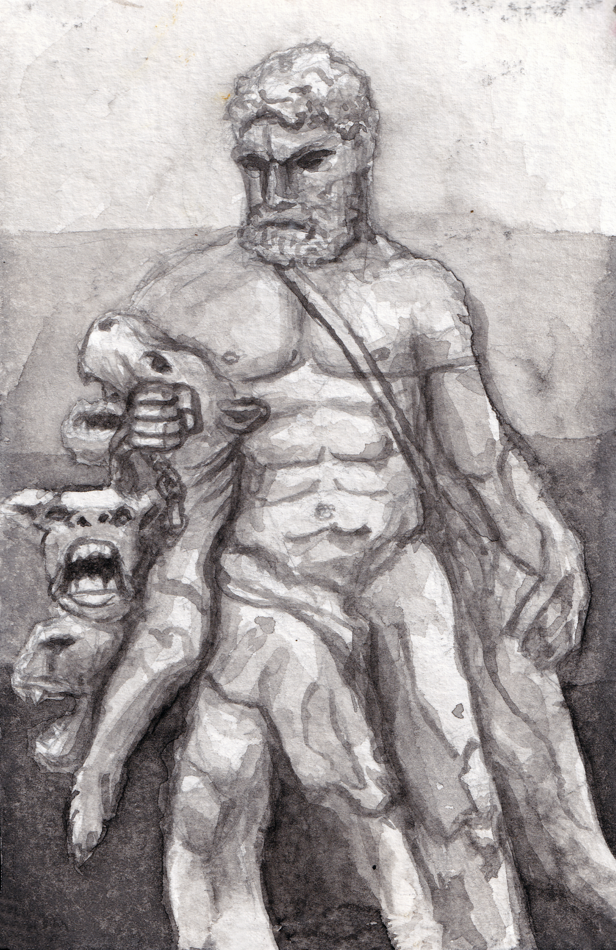 Watercolor painting of a statue of Hercules holding chained Cerberus, viewed from below, emphasizing motion and power.