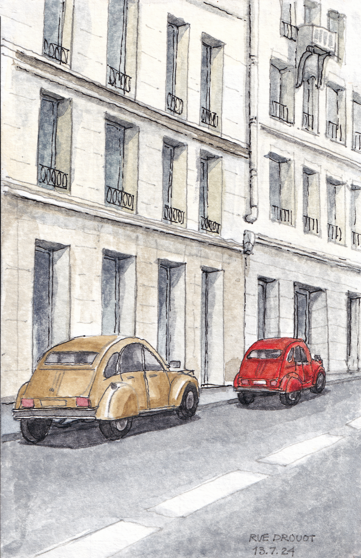 Watercolor painting of two Citroën 2CV cars (gold and red) in Rue Drouot, Paris, contrasting against beige buildings.