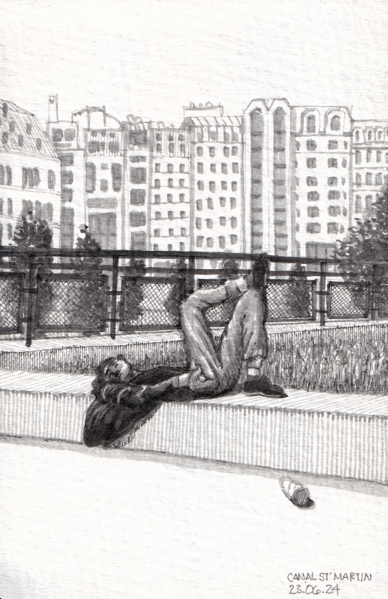 Black and white fineliner drawing of a person lying on a wall, enjoying the sunset with Canal Saint-Martin in the background.