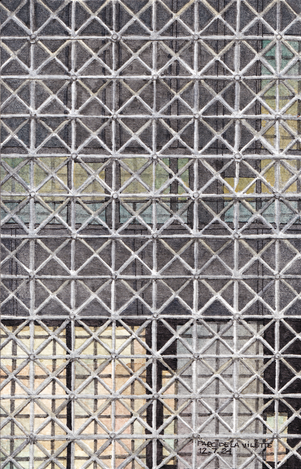 Watercolor painting of the grid structure in front of the Science Museum of Parc de la Villette in Paris, showcasing a white grid against a dark, colored facade.