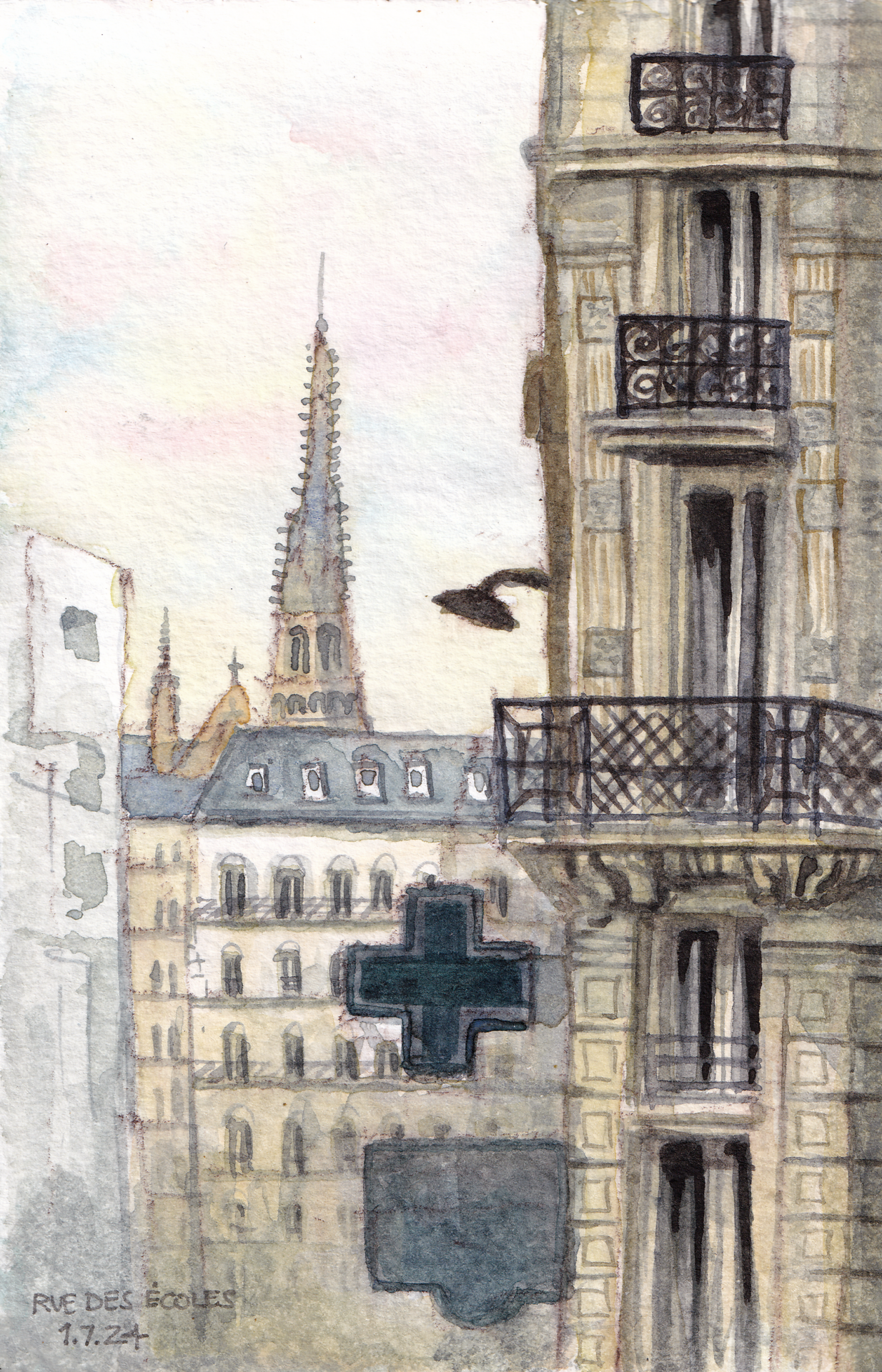 Watercolor painting of the top of Notre Dame at sunset, seen from Rue Dante in Paris, with buildings in the foreground.