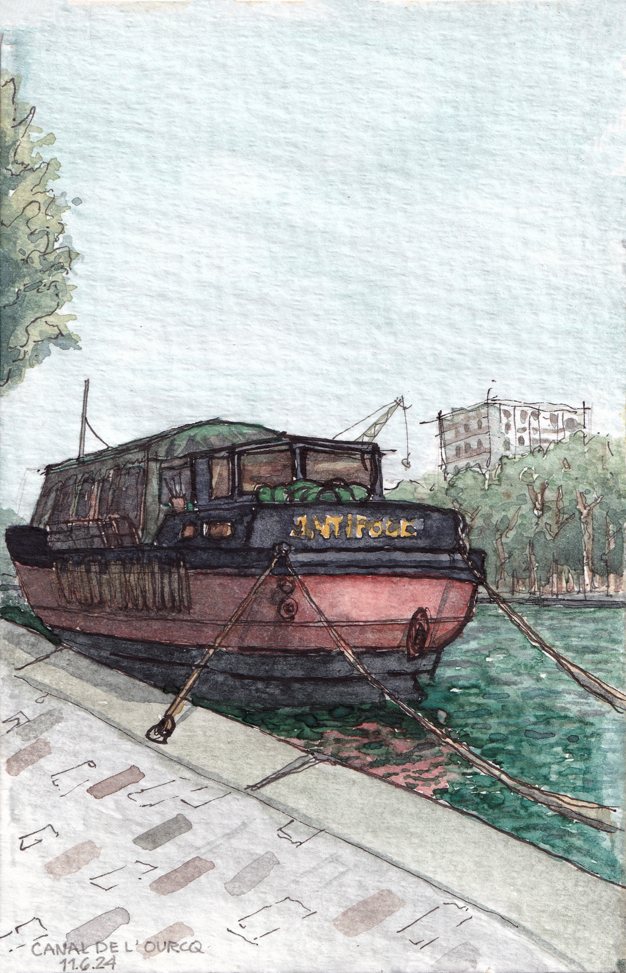 Watercolor study of L'Antipode ship on Canal de l'Ourcq in Paris with park, water, and buildings in the background