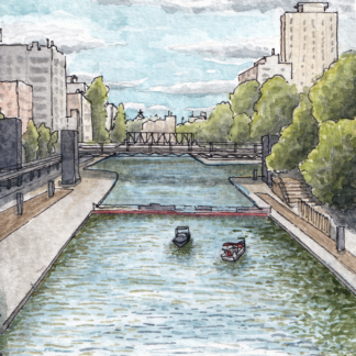 View from a bridge on Canal de l'Ourcq, showcasing boats and a cloudy sky.