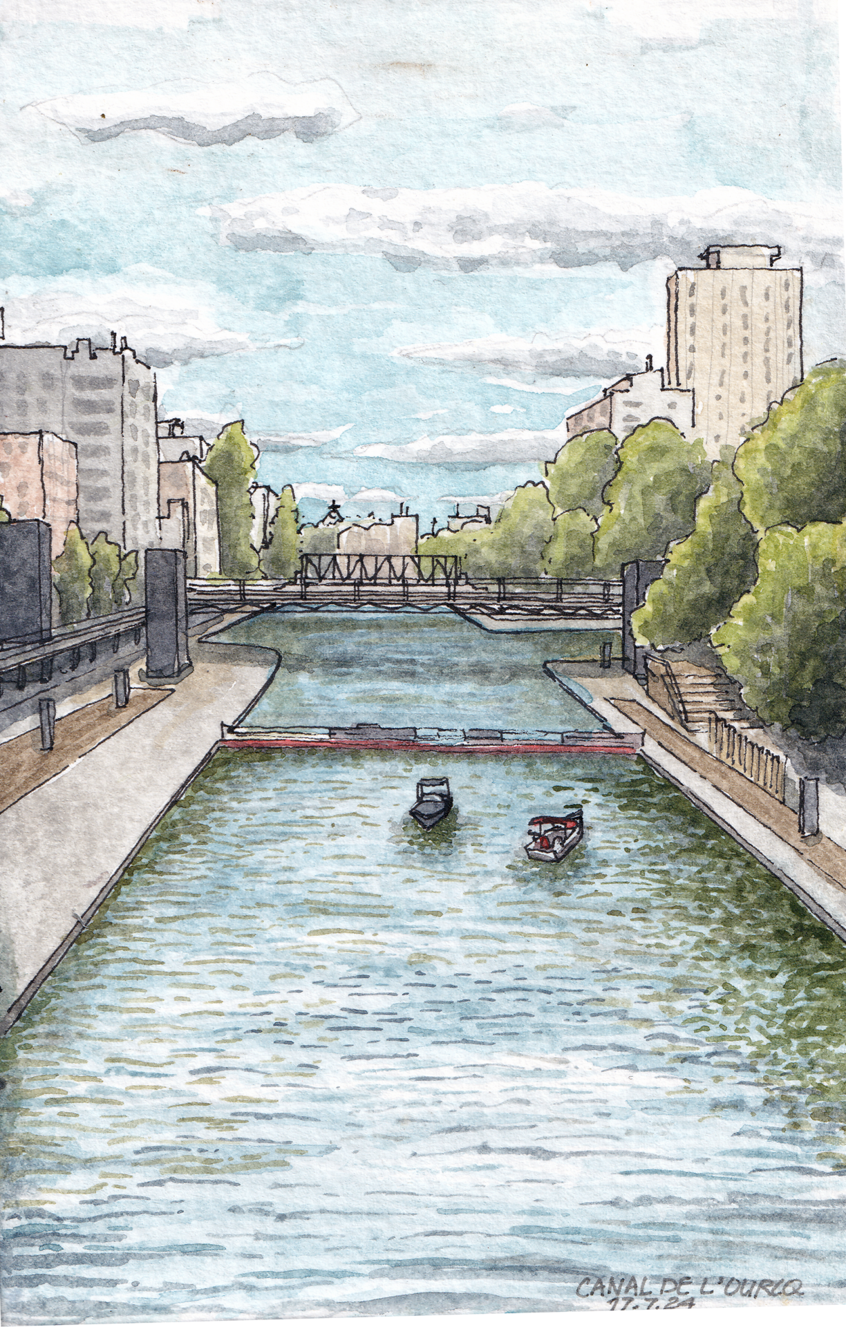 View from a bridge on Canal de l'Ourcq, showcasing boats and a cloudy sky.