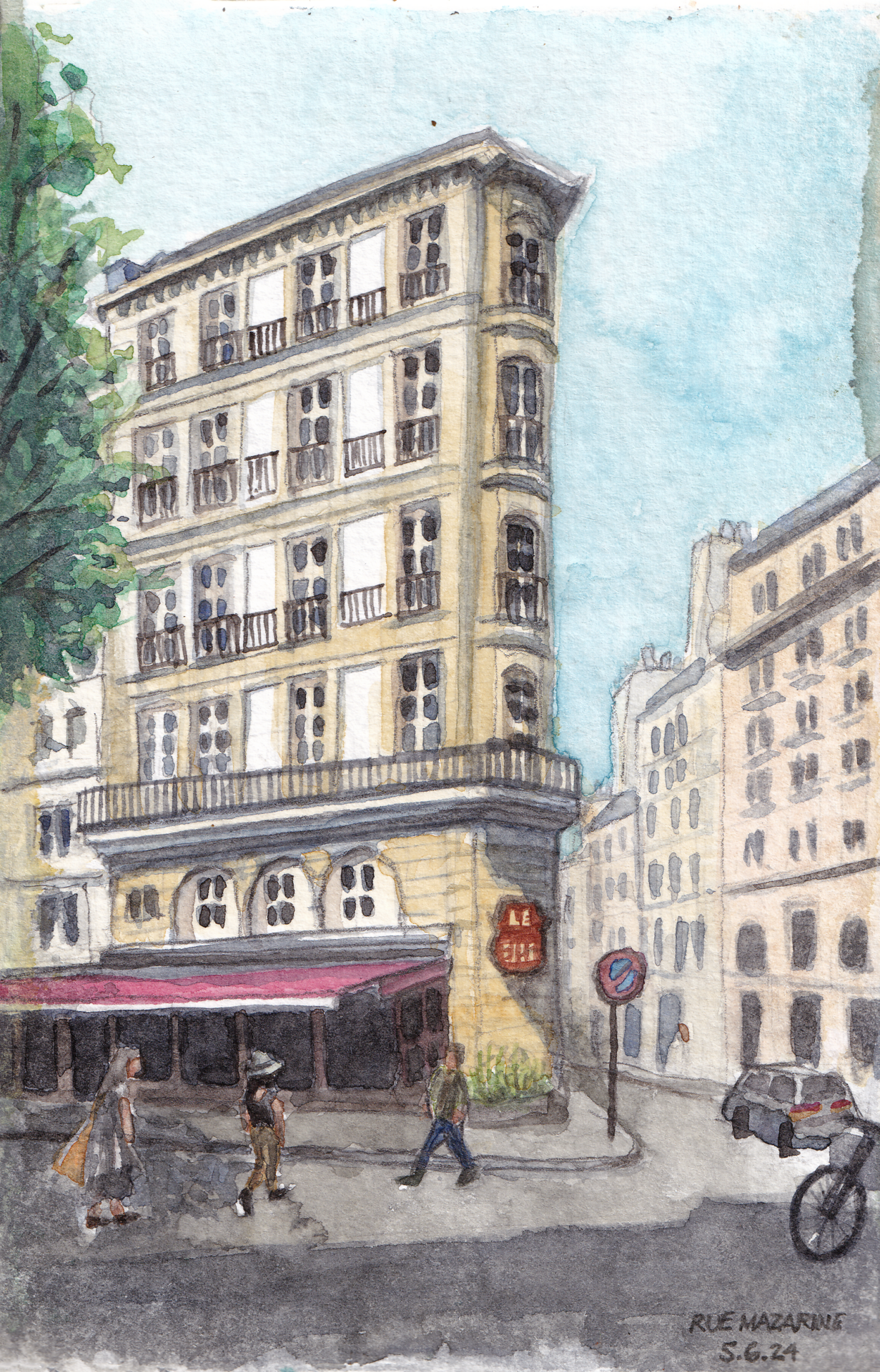 Watercolor study of a lively street corner in Paris with pedestrians on a Saturday afternoon