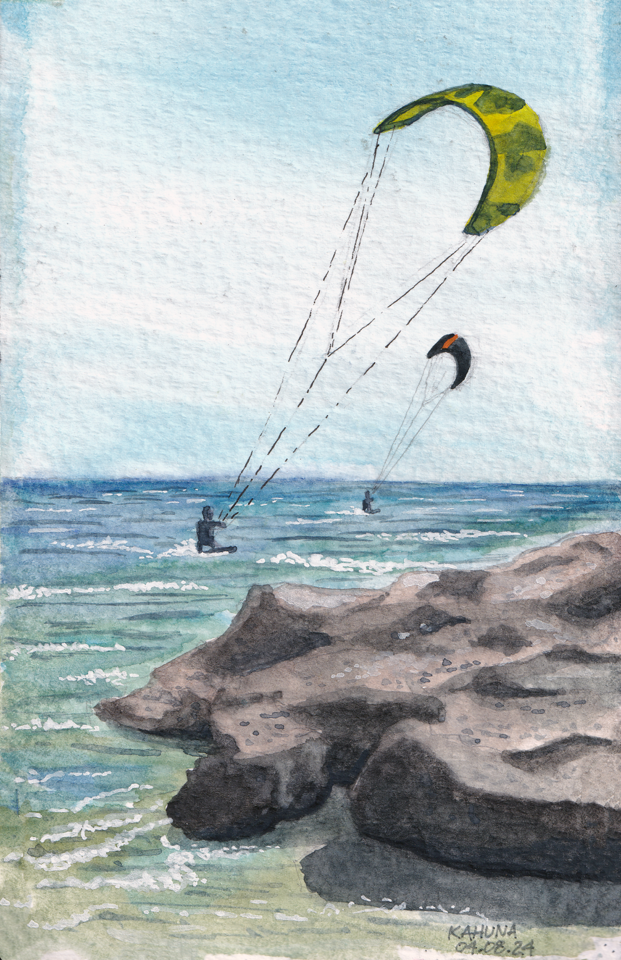 Watercolor painting of two kite-surfers at Kahuna Surf House in Larnaca, Cyprus, with colorful kites against a light blue sky and sea.