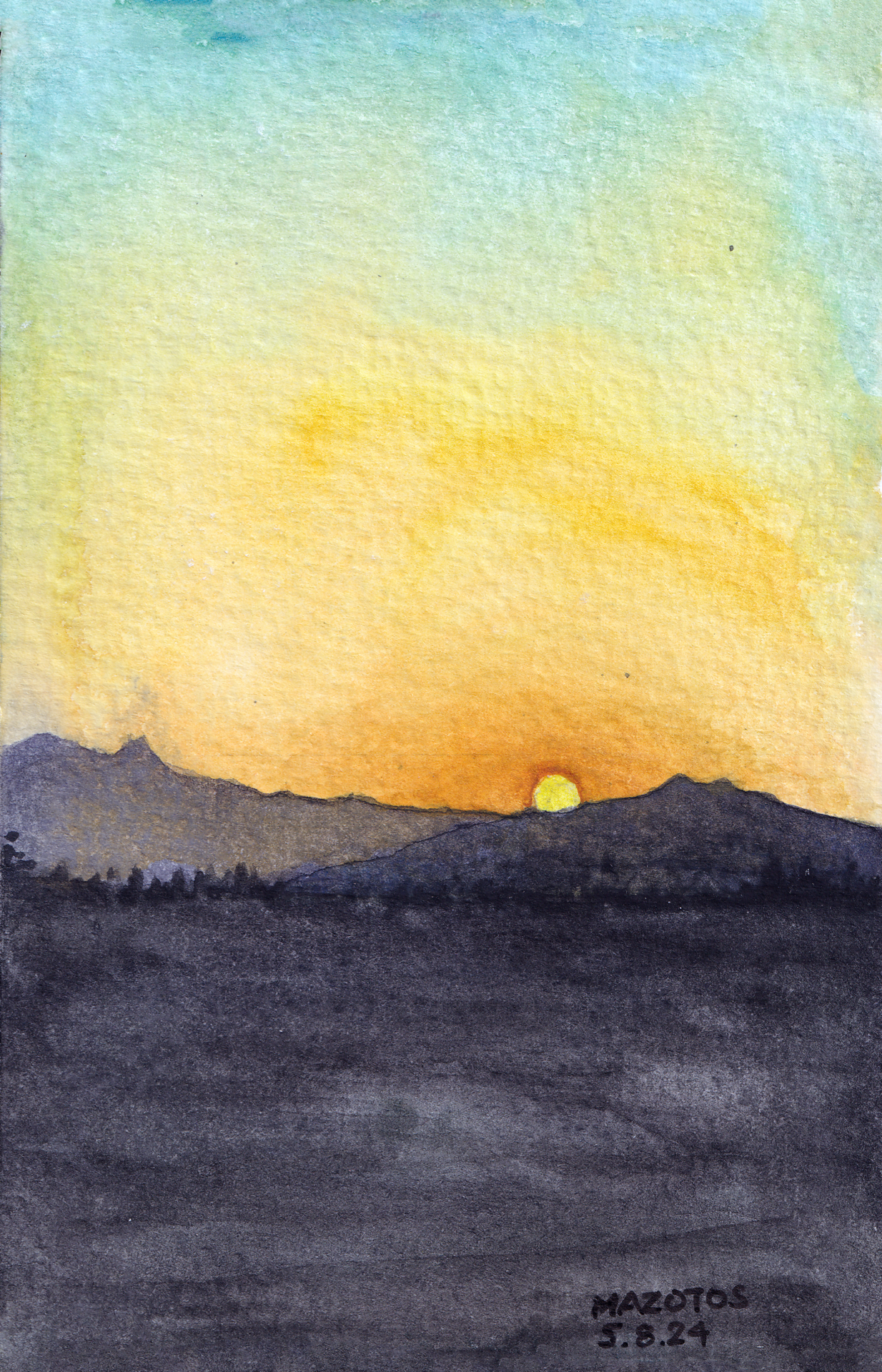 Watercolor painting of a sunset in Troodos, featuring black mountains contrasting against a colorful sky, with the sun resting on the mountain's peak.