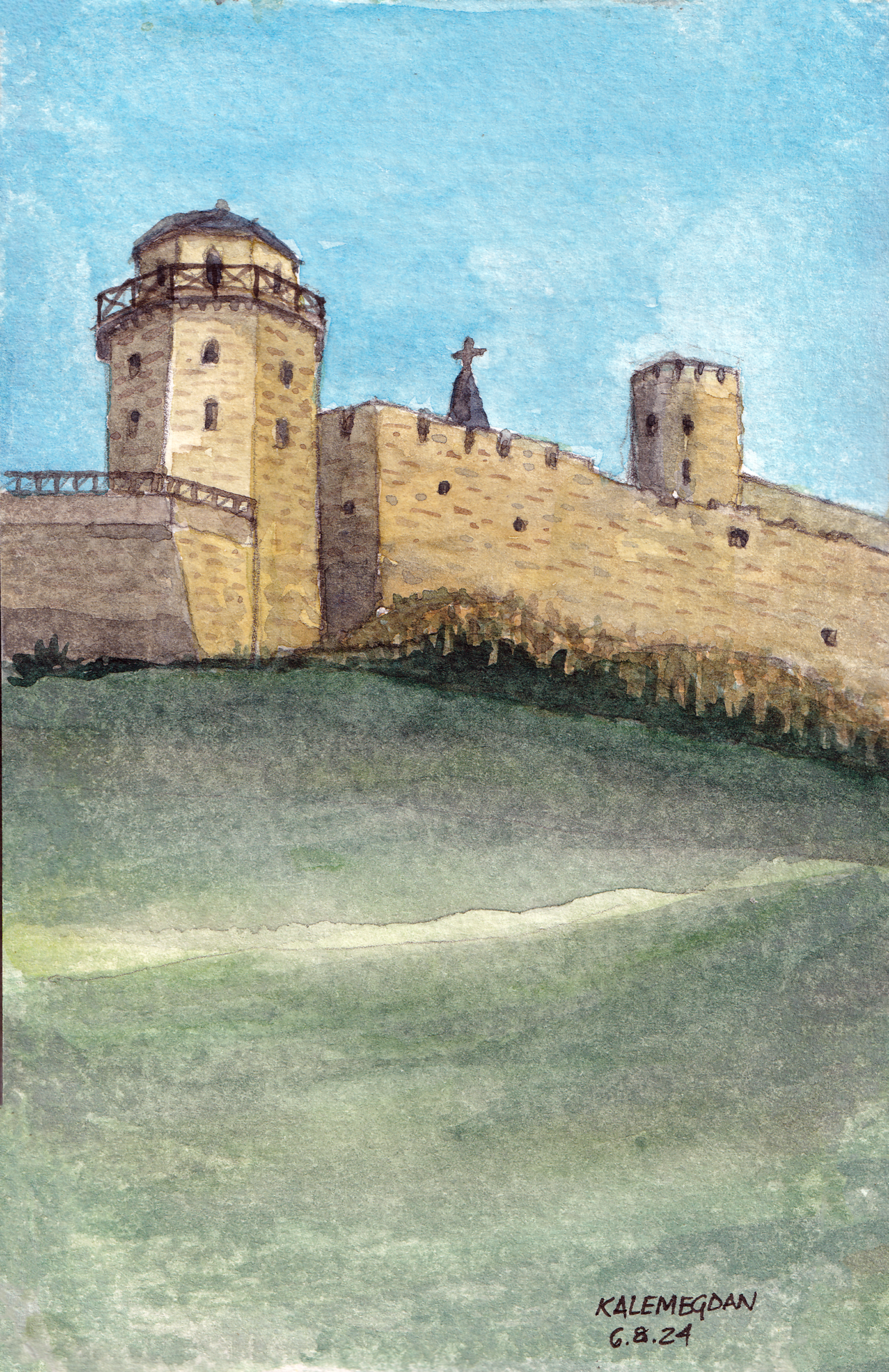 Watercolor painting of the Kalemegdan fortifications seen from below, emphasizing the stone structure against the sky.