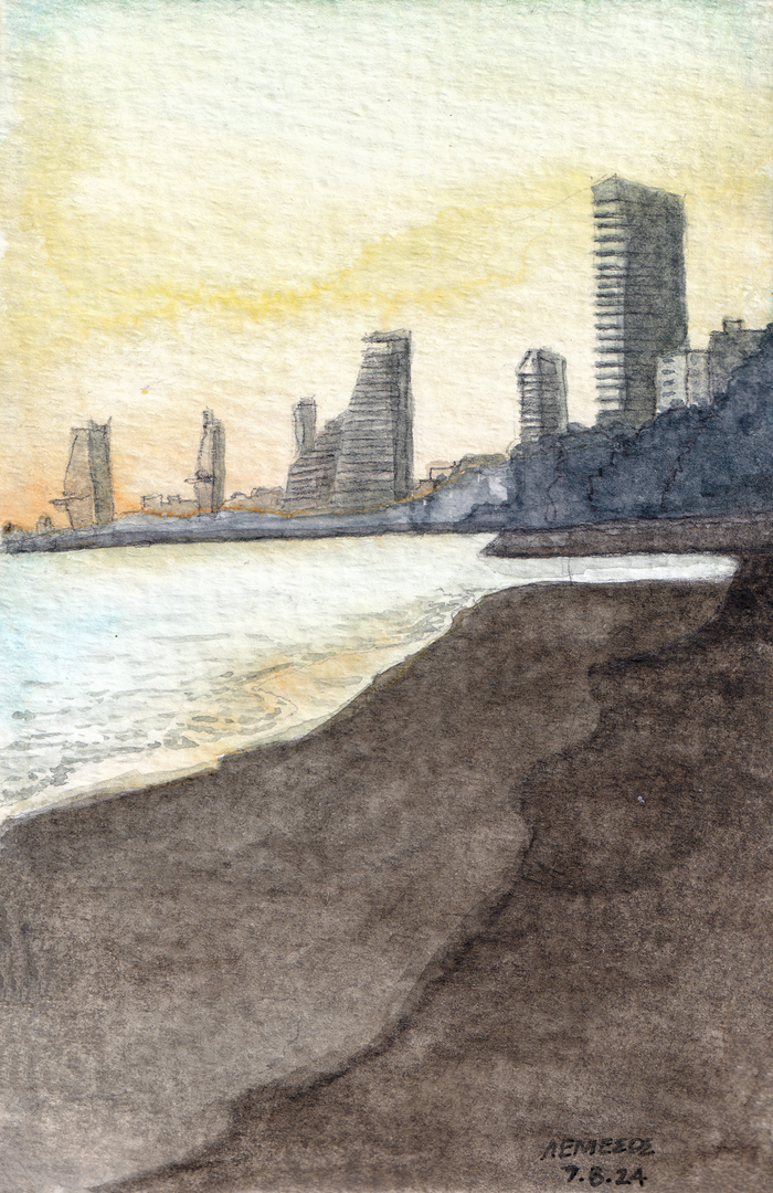 Watercolor painting of a Limassol sunset from the beach, with towers silhouetted against a colorful sky and a vibrant sea in the foreground.