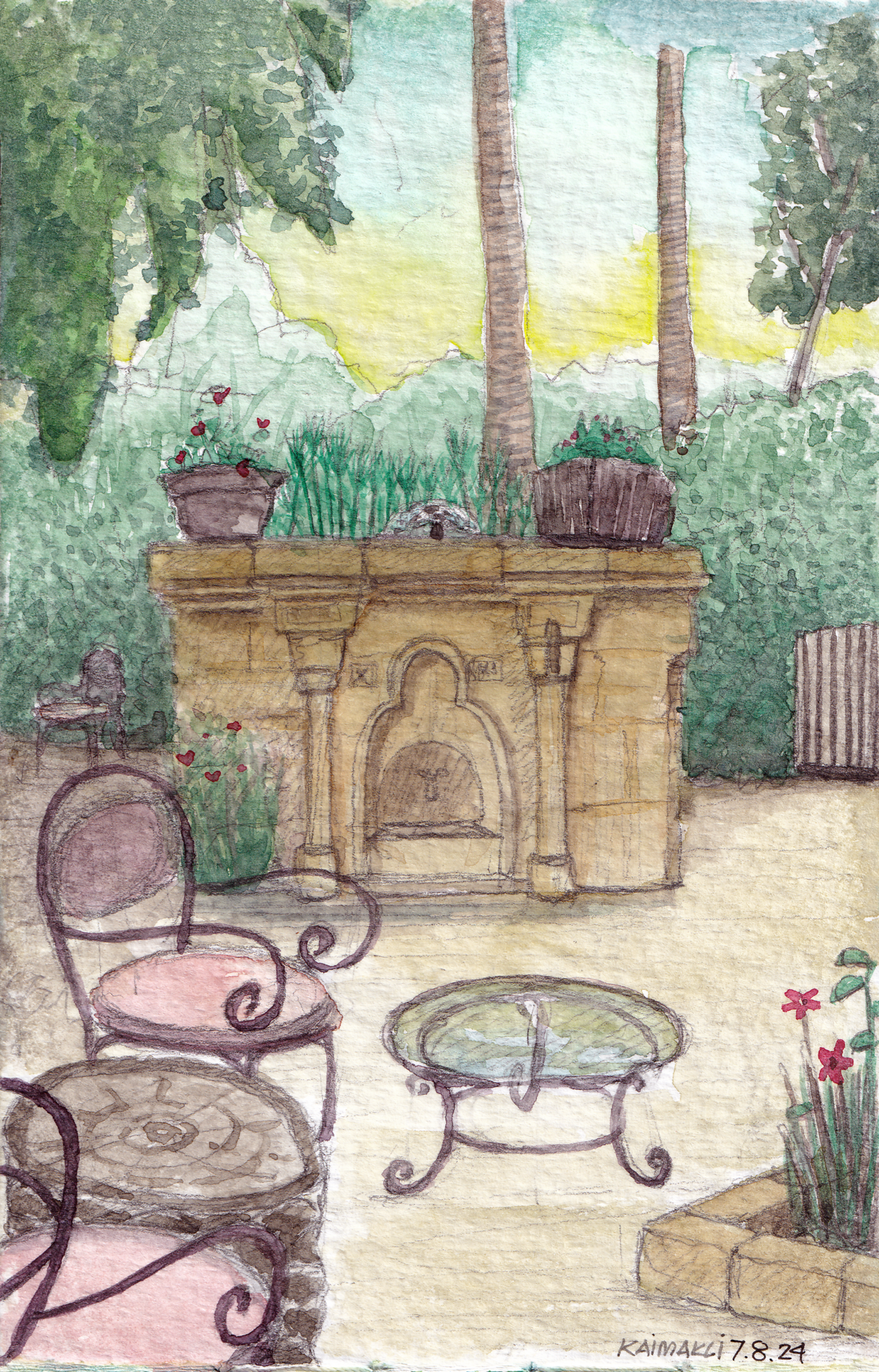 Watercolor painting of a beautiful stone fountain in a garden in Kaimakli during late afternoon.