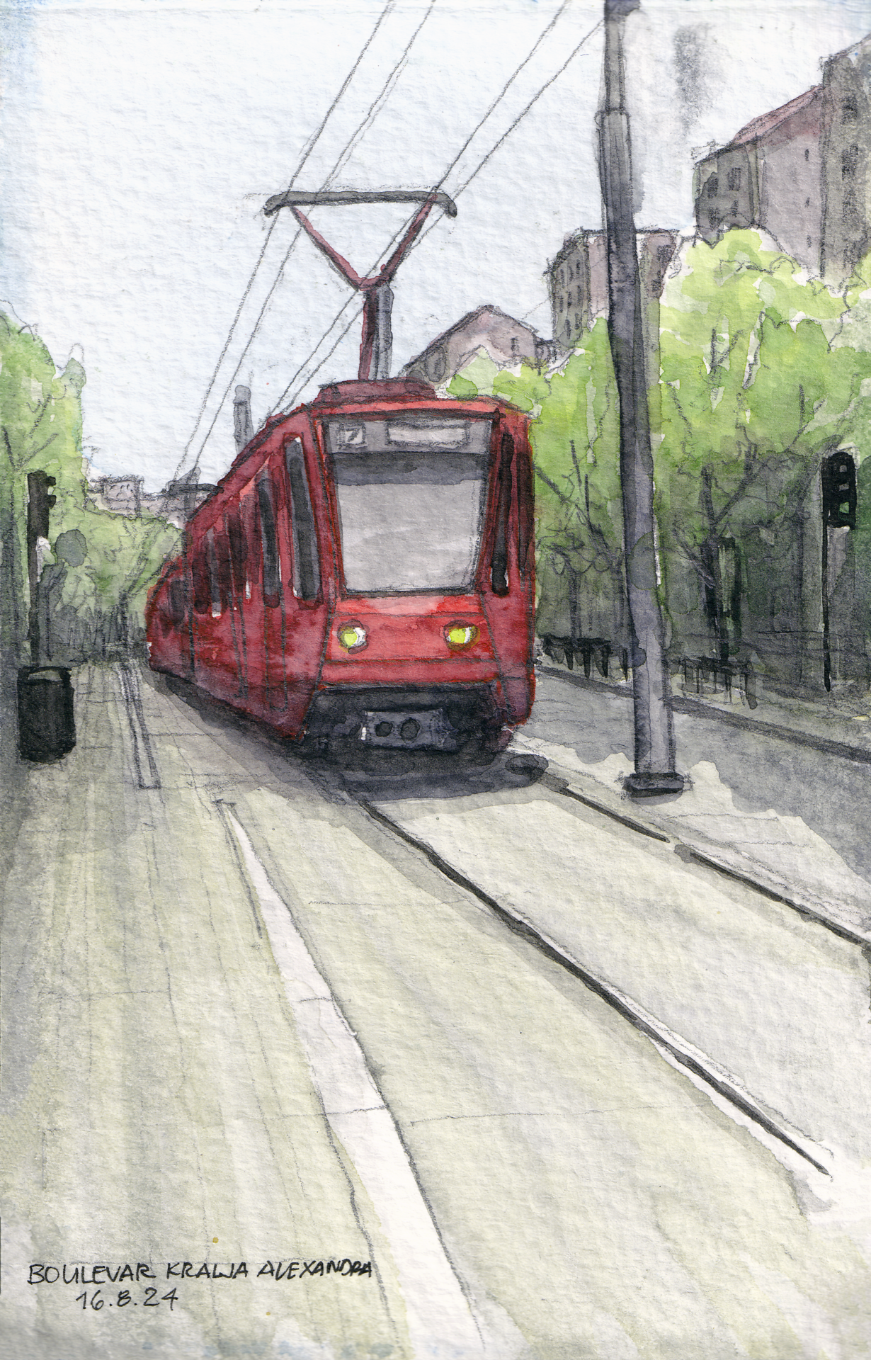 Watercolor painting of the iconic red tram on Boulevard Kralja Alexandra in Belgrade, contrasting with the pale city colors.