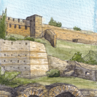 Watercolor painting of Kalemegdan fortifications seen from the park below, with arches blending into the landscape and high walls in the background.