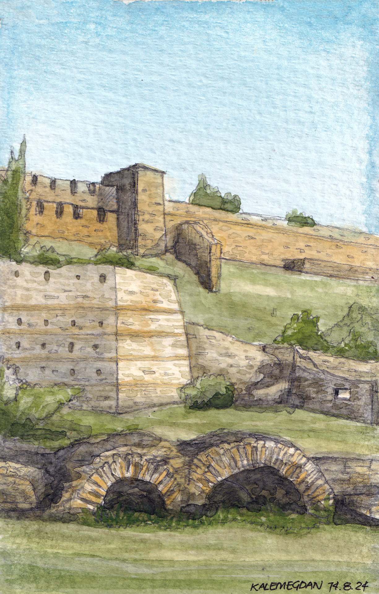 Watercolor painting of Kalemegdan fortifications seen from the park below, with arches blending into the landscape and high walls in the background.