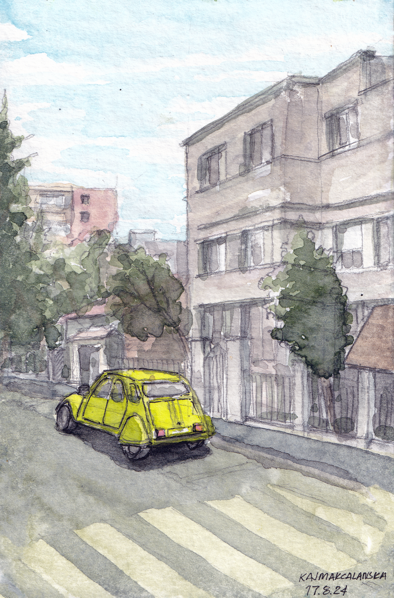 Watercolor painting of a lemon-yellow Citroën 2CV parked on Kajmackalanska Street, with pastel surroundings.