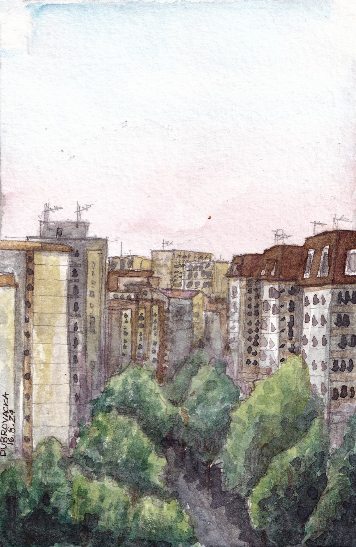 Watercolor painting of a sunset view from a high floor toward Dubrovacka Street in Belgrade, with a pinkish-blue sky and brutalist buildings in the background.