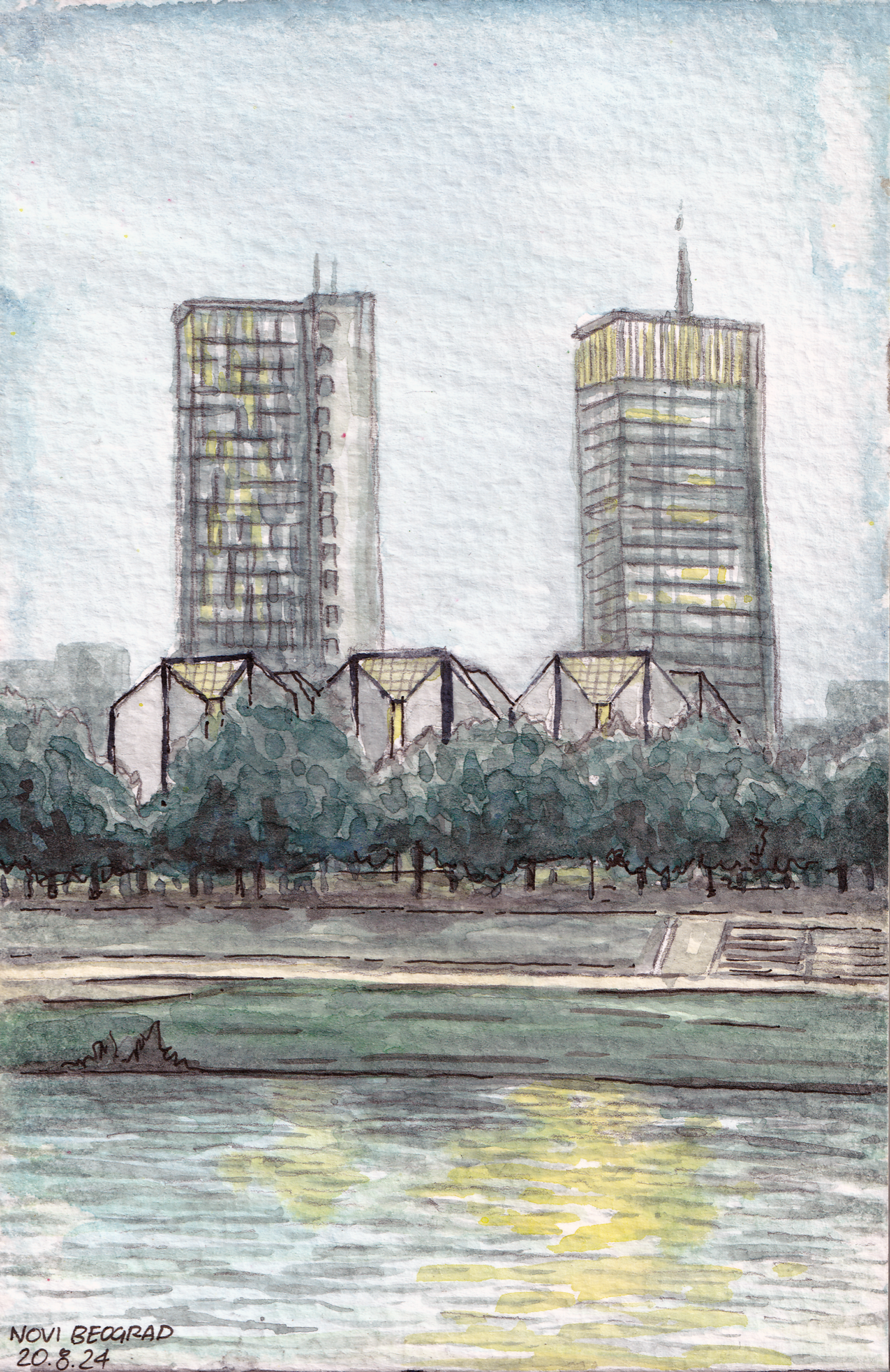 Watercolor painting of two towers and the Contemporary Museum of Art in Belgrade, reflecting in the Danube River during late afternoon, with building lights on.