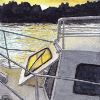 Watercolor painting of the ship "Delfin" on the Danube River in Belgrade, with sunlight reflecting on the clouds and windows of the ship.