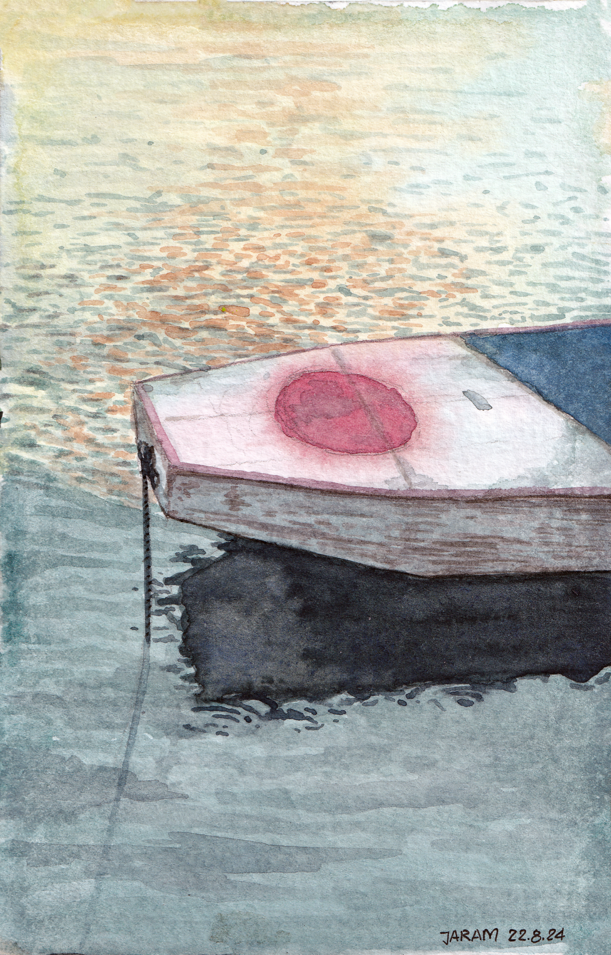 Close-up watercolor painting of the boat "Jaram" on the Danube River in Belgrade, with a sunset reflecting on the water and boat, and cool-colored shadows in the foreground.