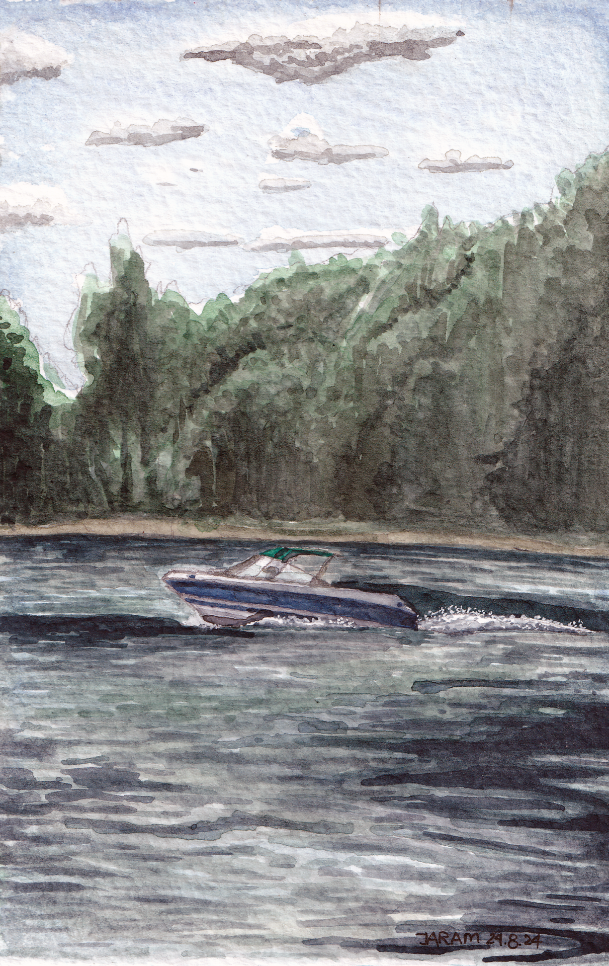 Watercolor painting of a classic speedboat skimming across the Danube River with Ratno Ostrvo in the background.