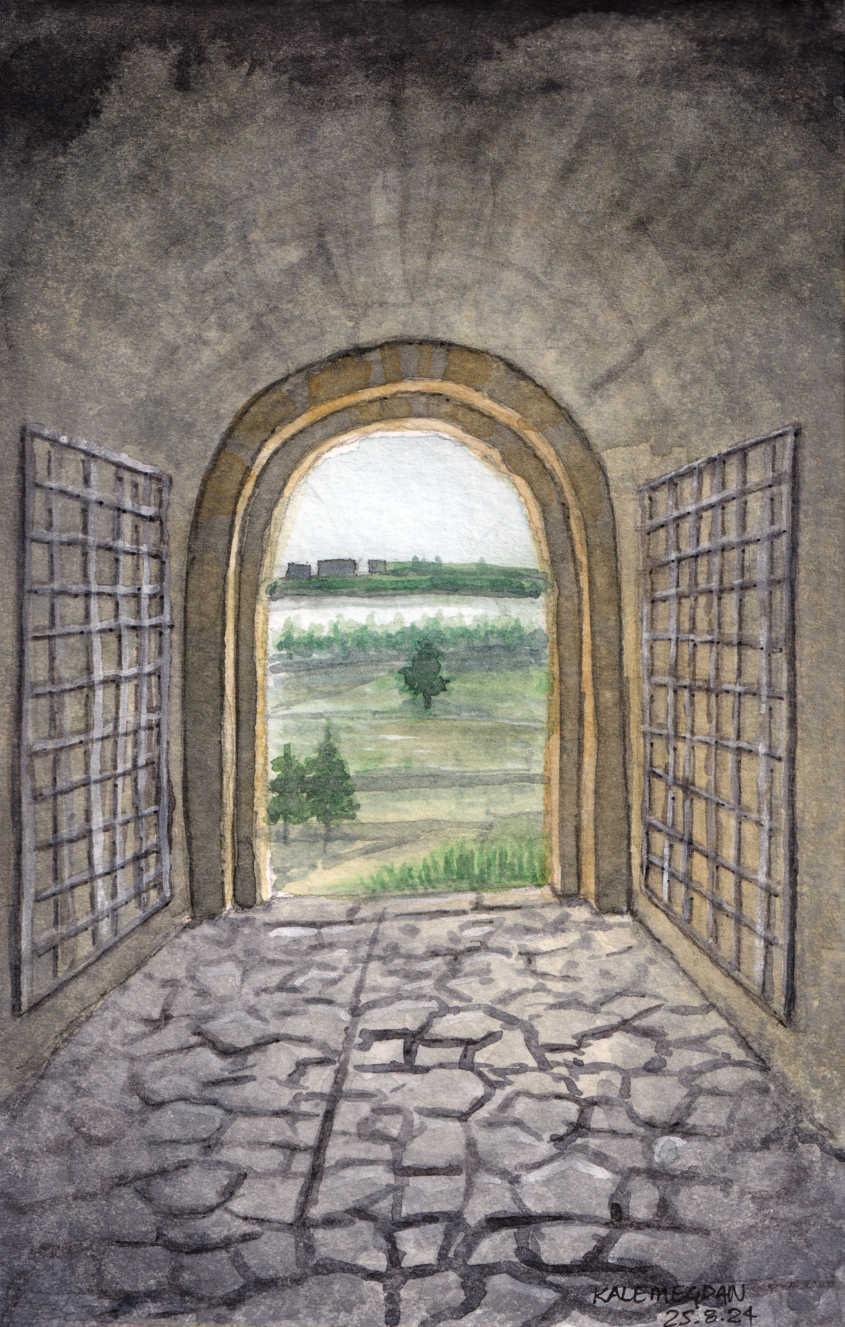 Watercolor painting of Despot's Gate at Kalemegdan, positioned high above, overlooking the park and the Danube River, with light penetrating through the dark interior of the gate.