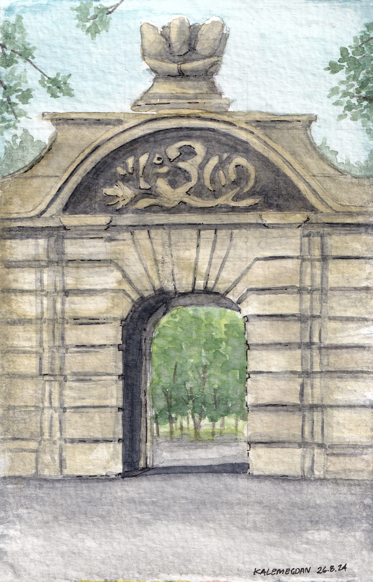 Zoomed detailed watercolor study of the Gate of Karla VI at Kalemegdan Park in Belgrade.