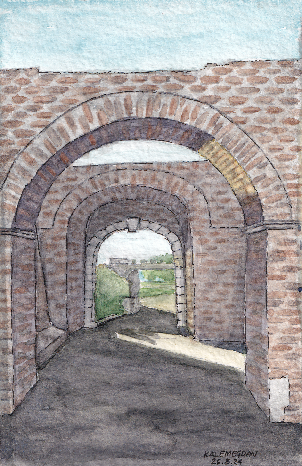 Watercolor painting of a Roman double gate below Kalemegdan Park in Belgrade, connecting the park with the Danube River.