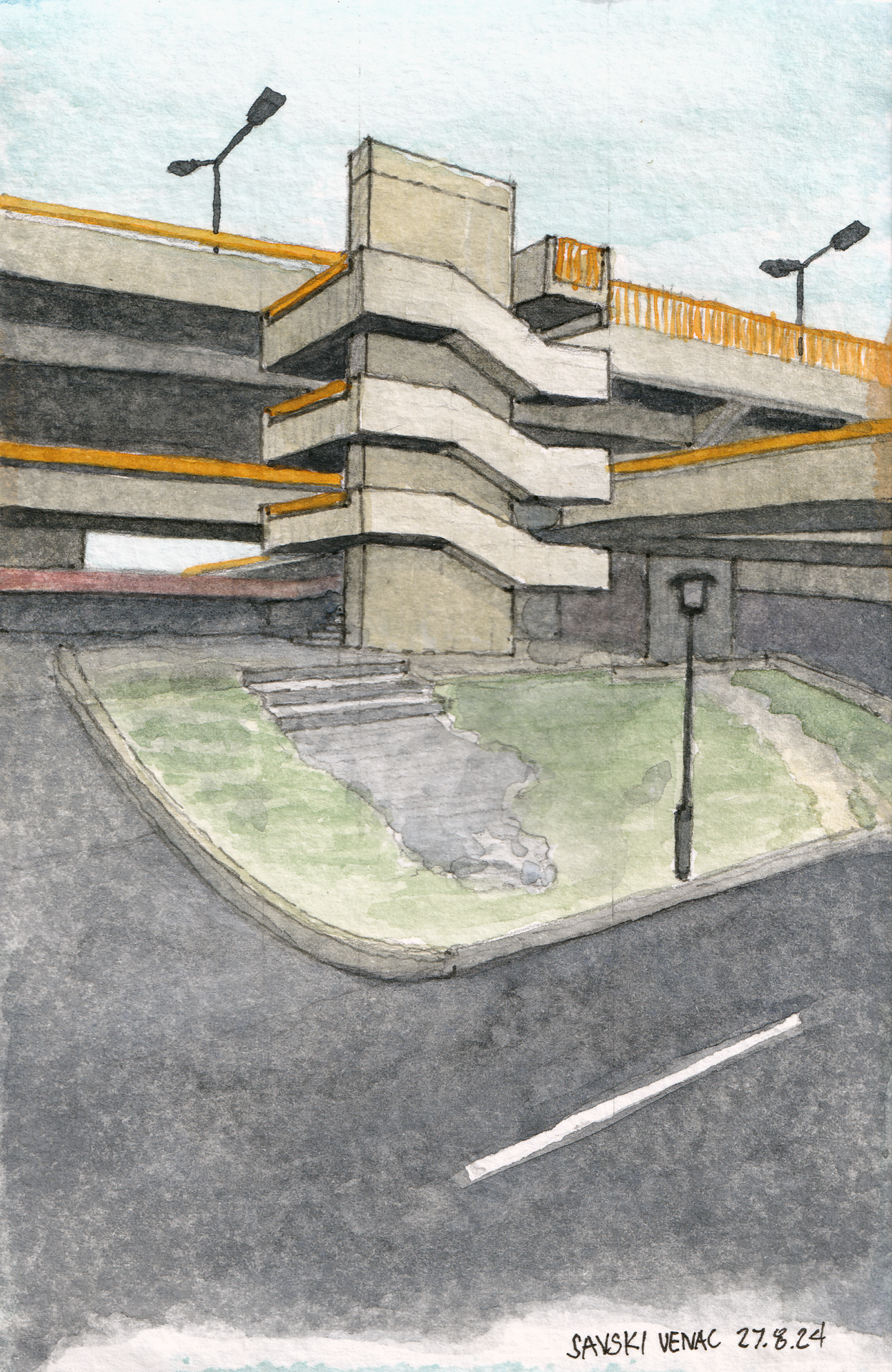 Watercolor study of the Savski Venac highway system, viewed from below, showcasing the intersecting levels of ramps.