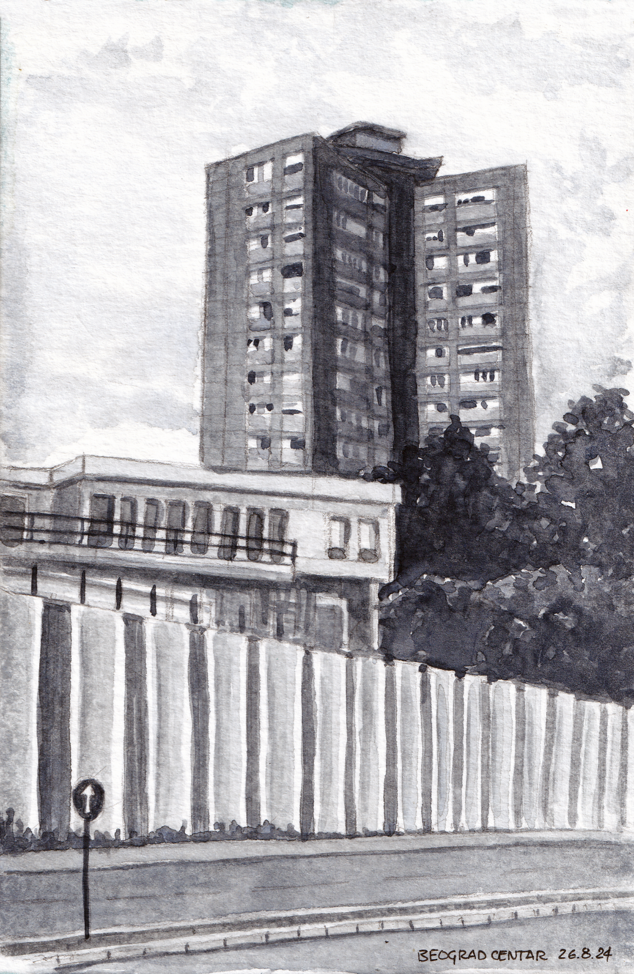 Grayscale watercolor study featuring a residential brutalist building in Belgrade, elevated above the plateau of "Beograd Centar" station.