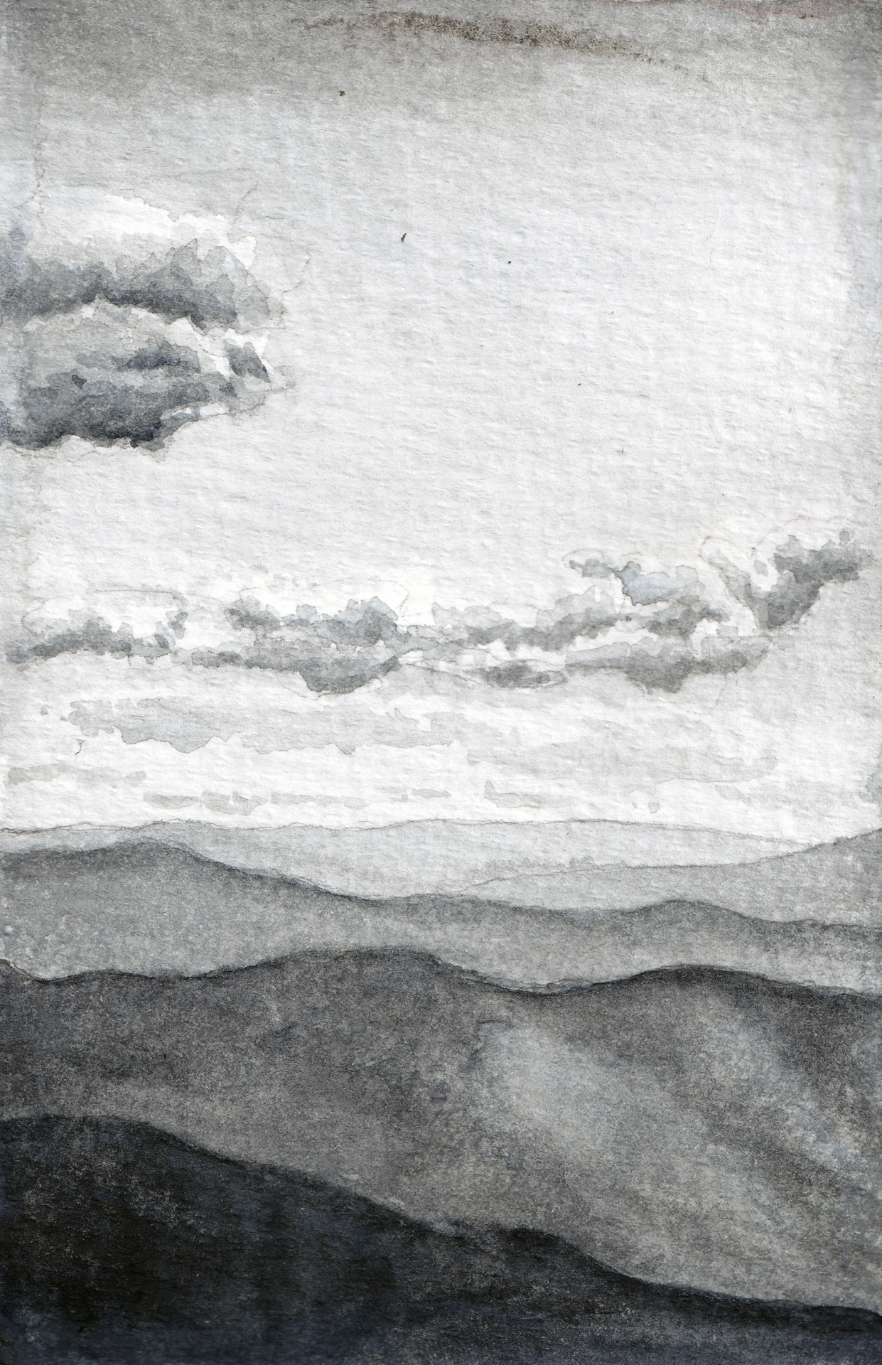 Grayscale watercolor painting of the Troodos mountains after a storm, with a clear sky above and an approaching storm in the distance.