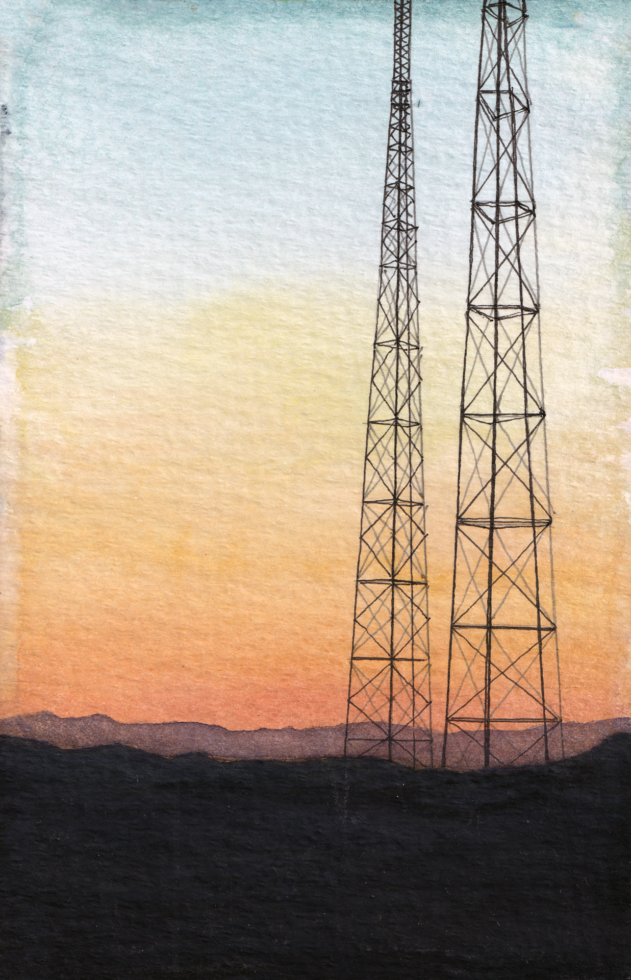 Watercolor painting of a sunset at Lady's Mile in Limassol, featuring antenna masts and mountains against a colorful sky.