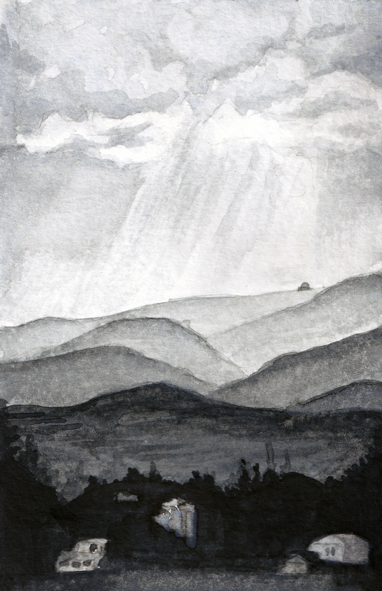 Watercolor painting of the Troodos mountains in late afternoon after a storm, with sunlight breaking through the clouds and illuminating the mountain top while the surroundings remain dark.