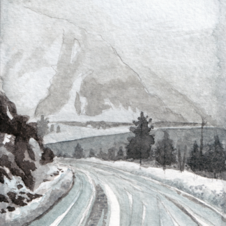 A watercolor painting of Snowy Troodos Mountains, Cyprus
