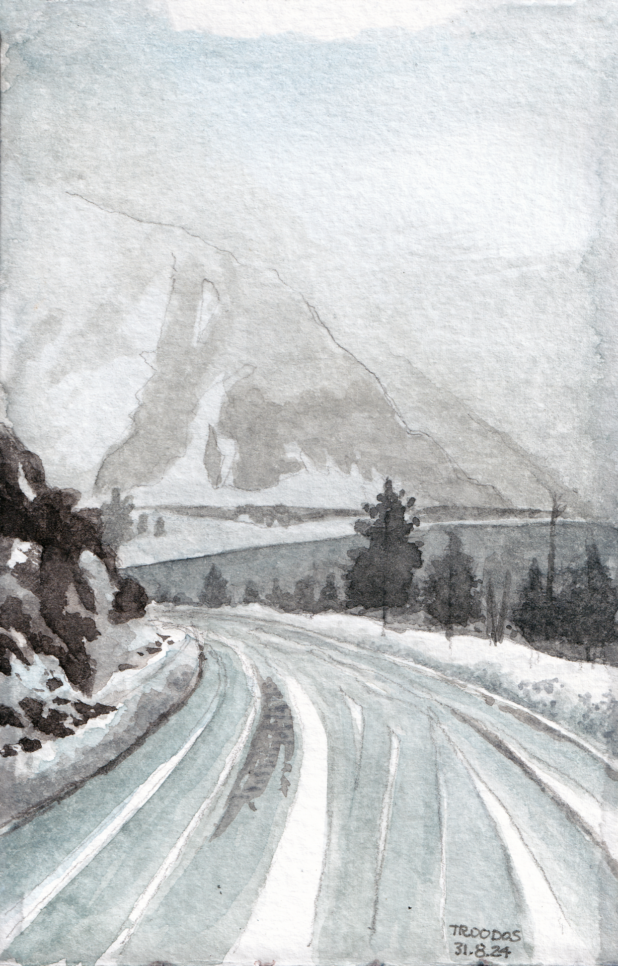 Watercolor painting of the snow-covered Troodos mountains blending with a hazy white sky.