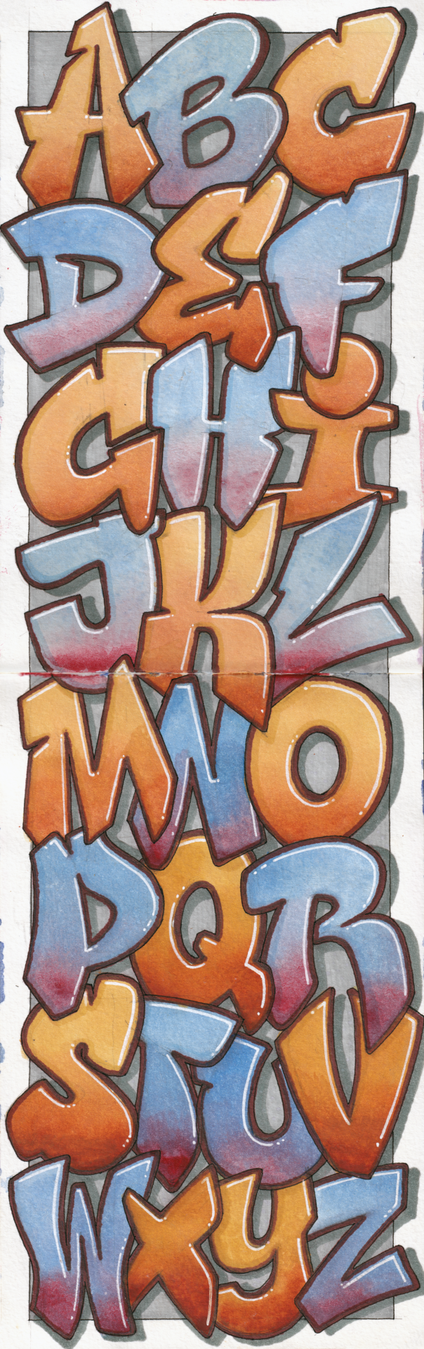 Two-page graffiti artwork of the English alphabet in alternating warm and cool colors, created with alcohol markers and watercolor.