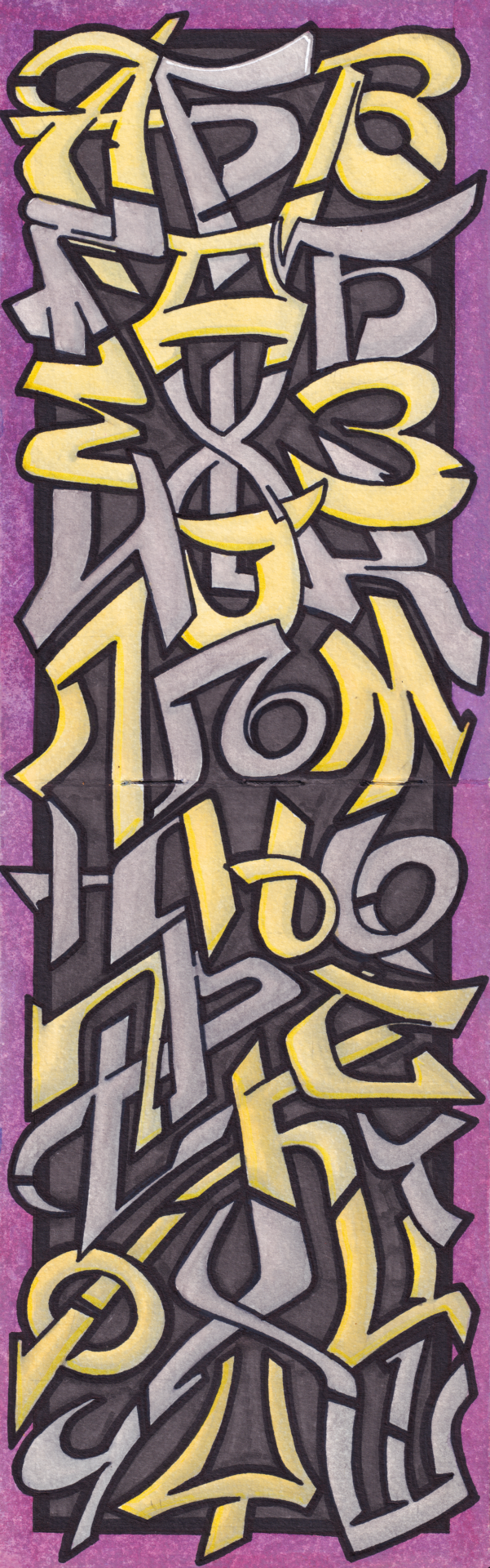 Two-page graffiti artwork of the Serbian Cyrillic alphabet in alternating silver and golden colors, created with alcohol markers and watercolor.