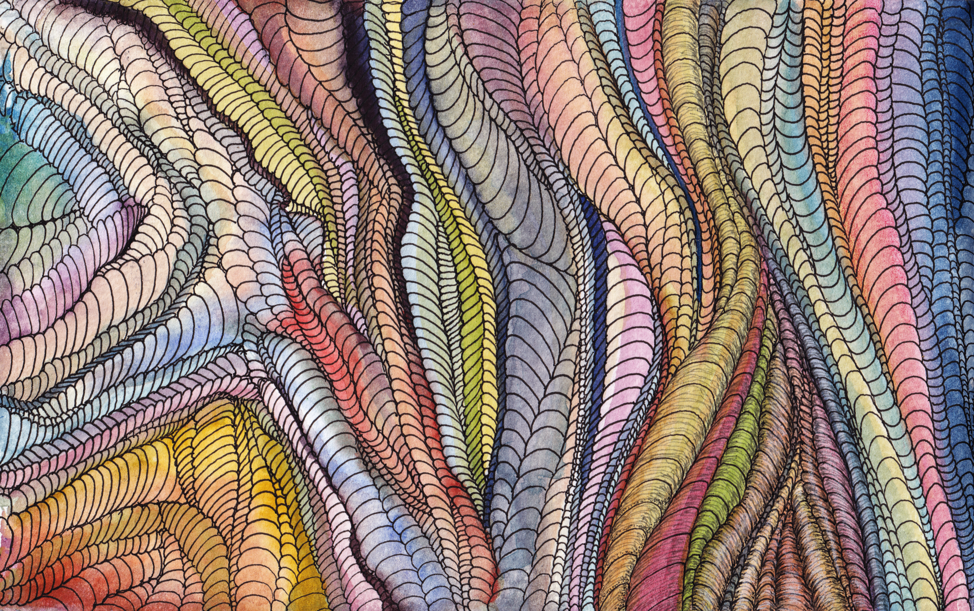 Colorful watercolor and fineliner study of interweaving fibers in close-up.