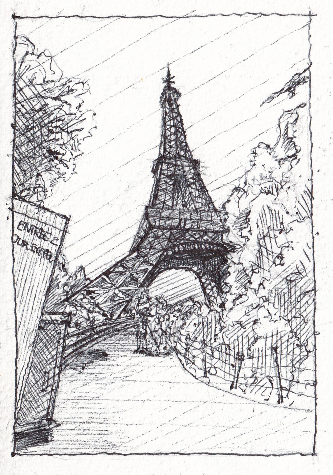 Ballpoint pen sketch of the Eiffel Tower from a perspective view at the bottom, looking up.